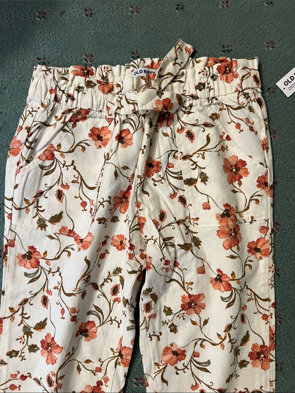 Old Navy Cream Floral Drawstring Pants with Coral Blooms - Picture 5 of 7